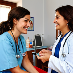 **A brightly lit doctor's office, focusing on a routine check-up. A friendly female doctor is talking to a smiling, healthy-looking woman. Show a visual representation of early diagnosis leading to a happy and healthy life. Convey a sense of hope and preventative care. Turkish cultural elements subtly included in the background (e.g., a piece of Iznik pottery).**