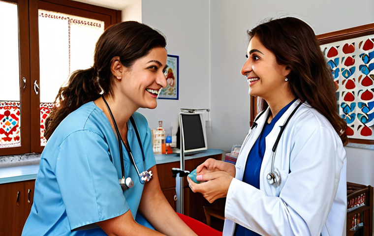 **A brightly lit doctor's office, focusing on a routine check-up. A friendly female doctor is talking to a smiling, healthy-looking woman. Show a visual representation of early diagnosis leading to a happy and healthy life. Convey a sense of hope and preventative care. Turkish cultural elements subtly included in the background (e.g., a piece of Iznik pottery).**